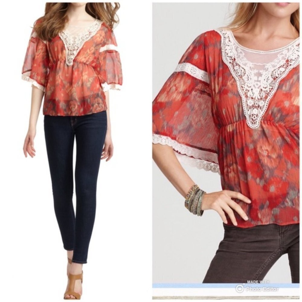 Free People Daydreamer Kimono Style Embroidered Top Lace Sheer Peasant Blouse‎ S
